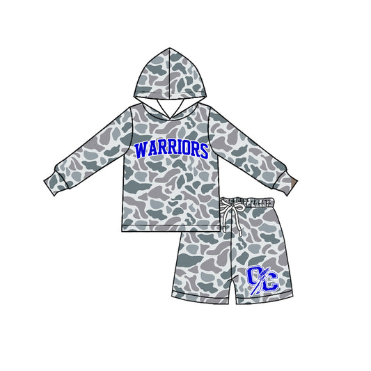 Preorder (moq 5) Baby Boys Grey Camo Worriors Long Sleeve Hoodie Short Team Clothes Sets