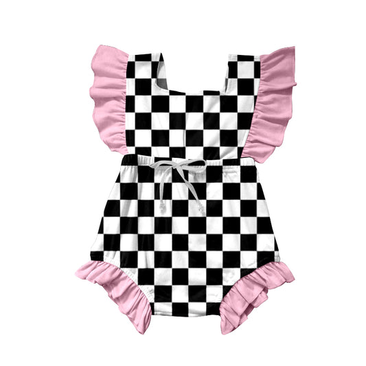 Baby Infant Girls Black Checkered Flutter Sleeve Rompers preorder(moq 5)