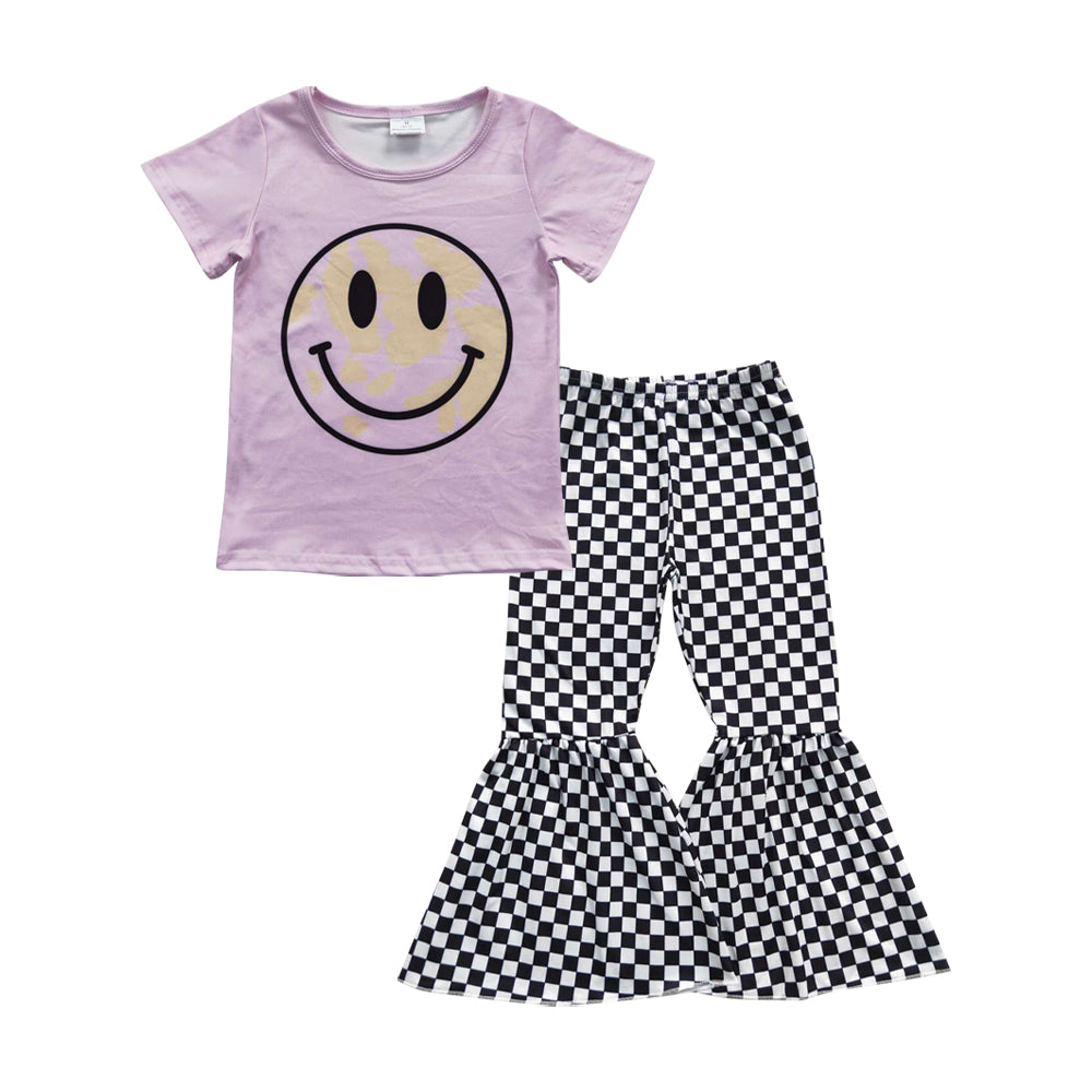 Baby Girls Smile Shirts Bell Checkered Pants Clothes Sets