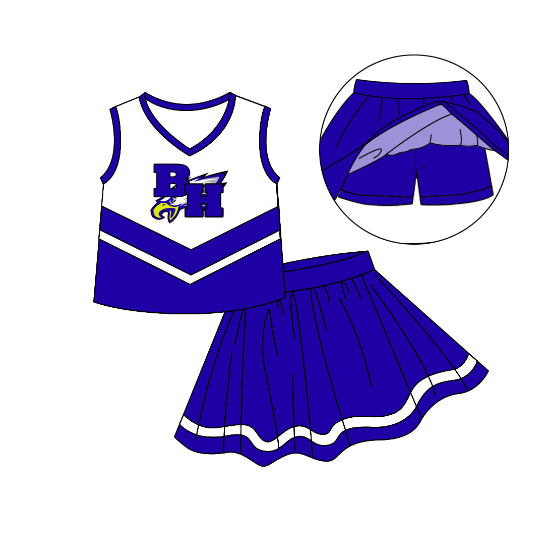 Preorder (moq 5)Baby Girls Blue bh bird Cheer Team Top Skort Shorts Clothes Sets