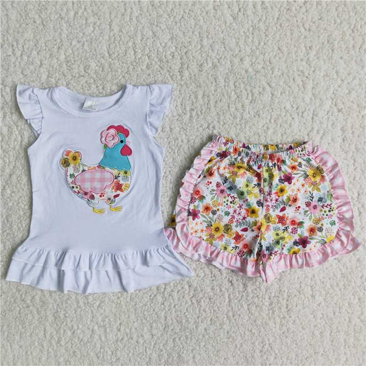 Girls Kids chicken farm embroidered summer shorts sets