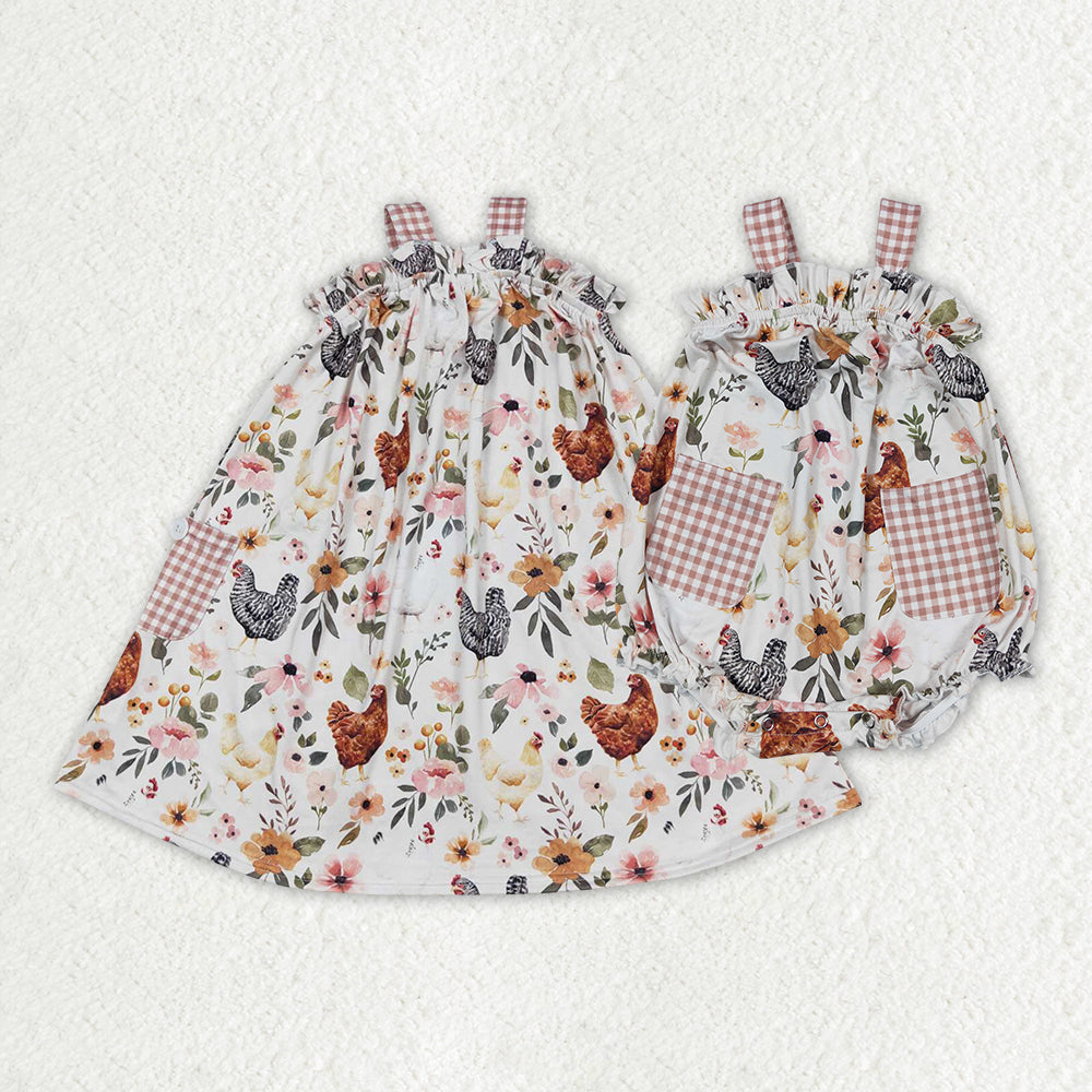 Sibling Baby Girls Chicken Flowers Farm Romper Dresses