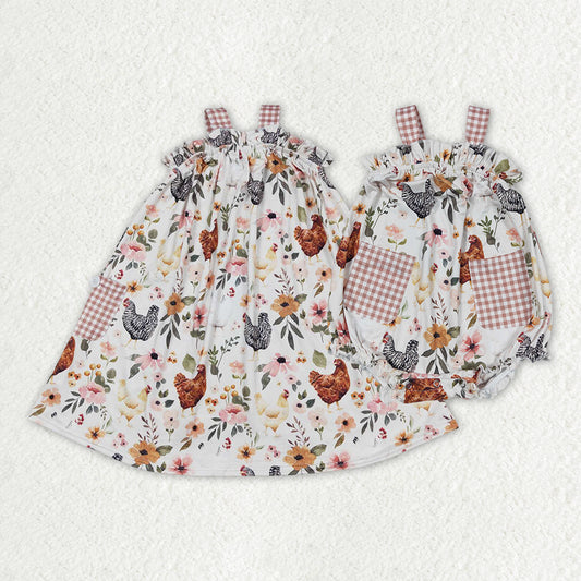 Sibling Baby Girls Chicken Flowers Farm Romper Dresses