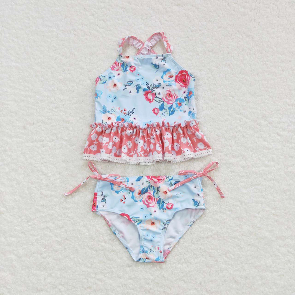 Baby Girls Blue Flowers Top Floral 2 Pieces Swimsuits