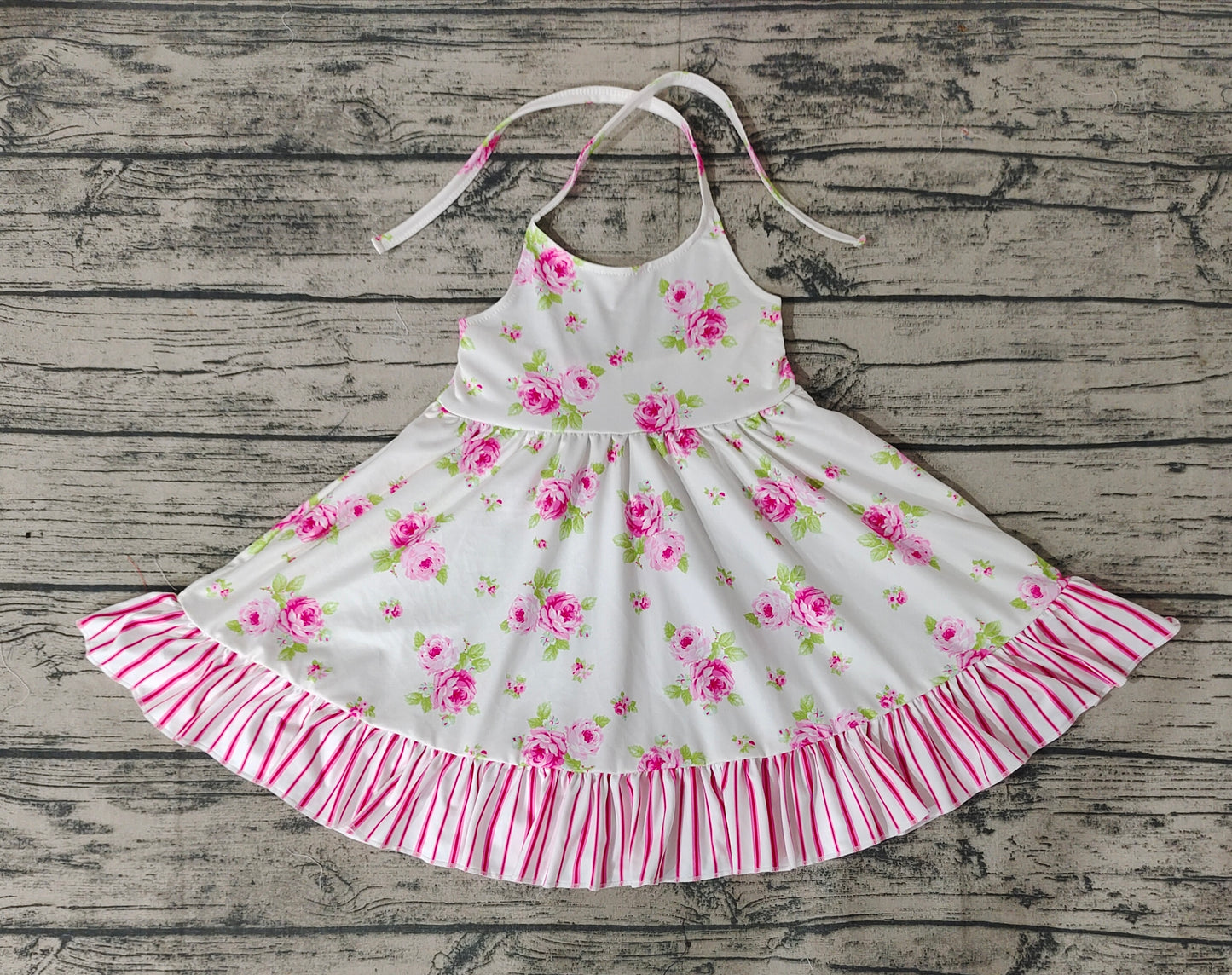 Baby Girls Straps Floral Pink Flowers Ruffle Knee Length Dresses