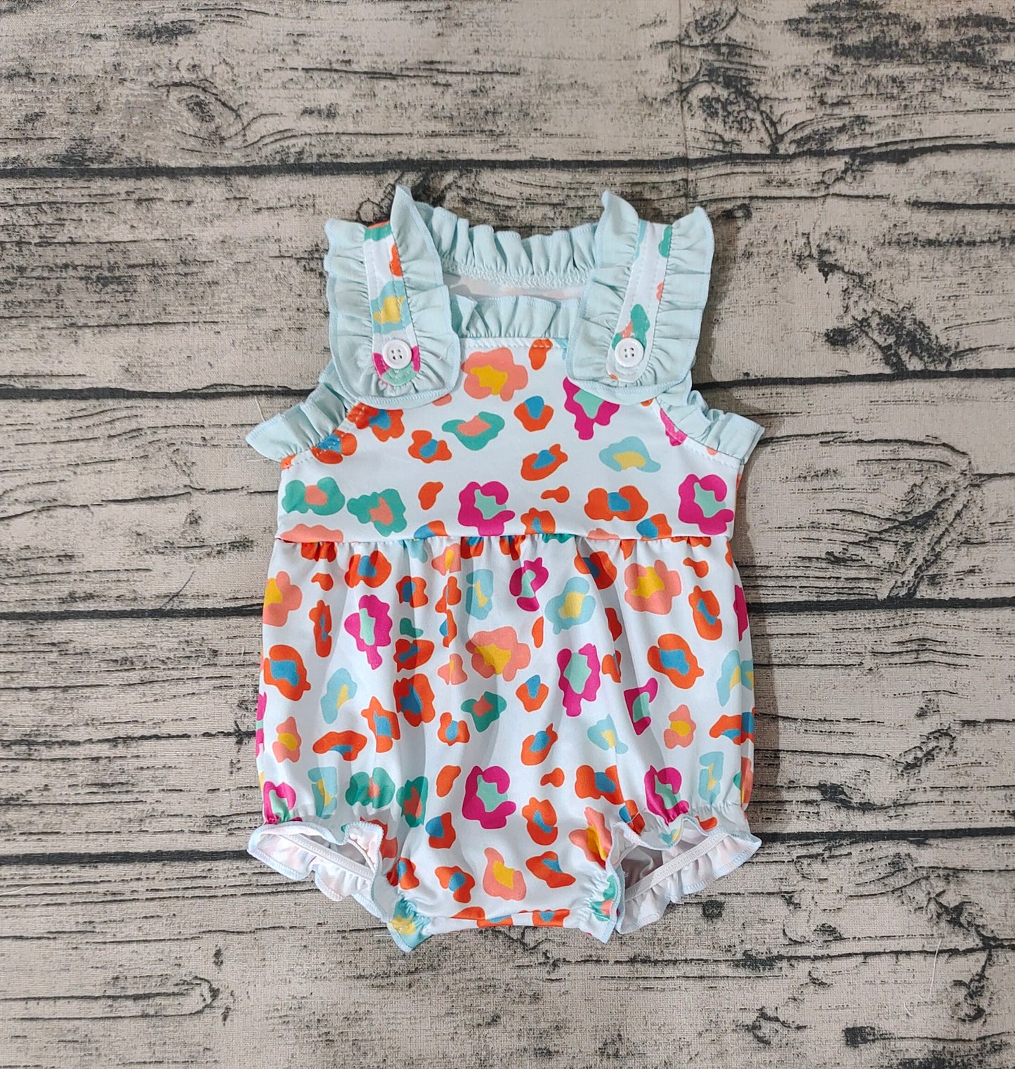 Baby Infant Girls Spring Green Colorful Leopard Buttons Rompers