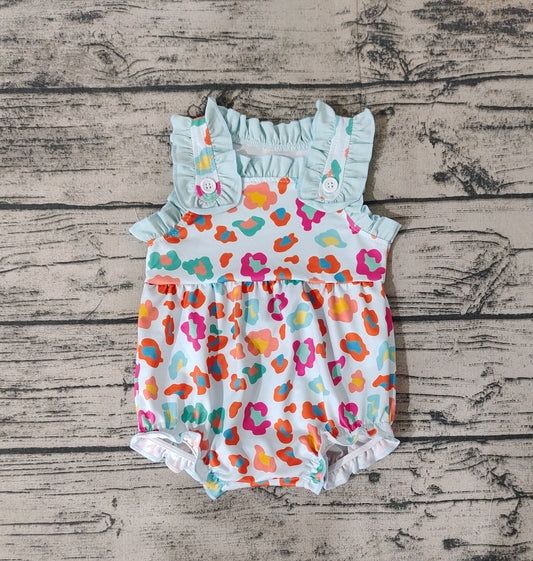 Baby Infant Girls Spring Green Colorful Leopard Buttons Rompers