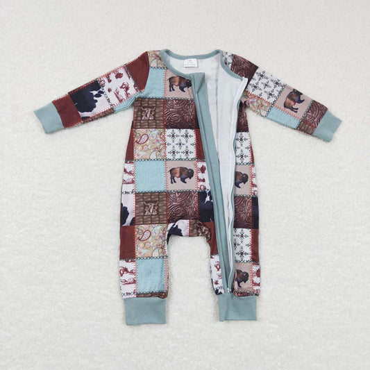 Baby Infants Boys Western Cows Zip Long Sleeve Rompers