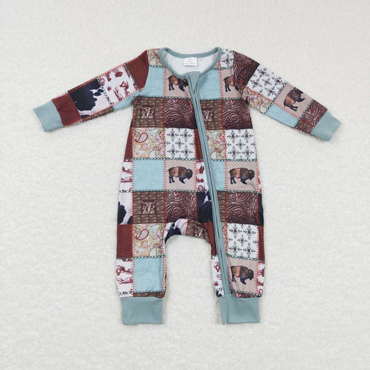 Baby Infants Boys Western Cows Zip Long Sleeve Rompers