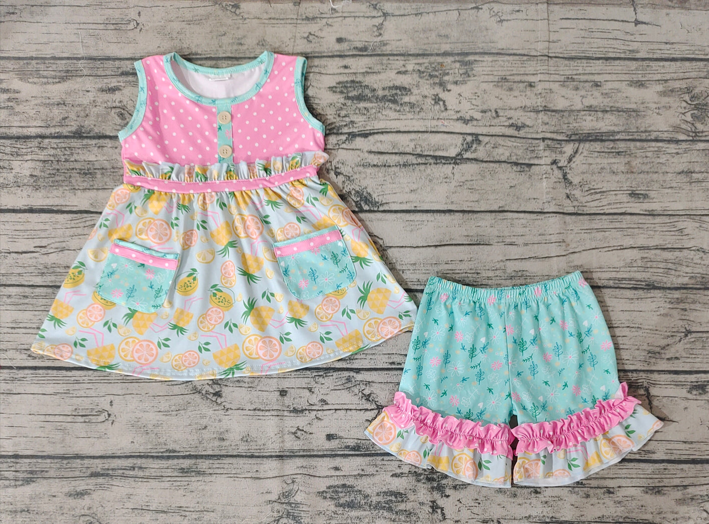 Baby Girls Lemon Sleeveless Tunic Tops Ruffle Shorts Clothes Sets