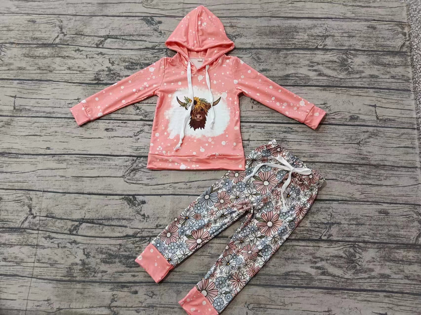 Baby Girls Western Highland Cow Hooded Top Floral Pants Clothes Sets Preorder(moq 5)