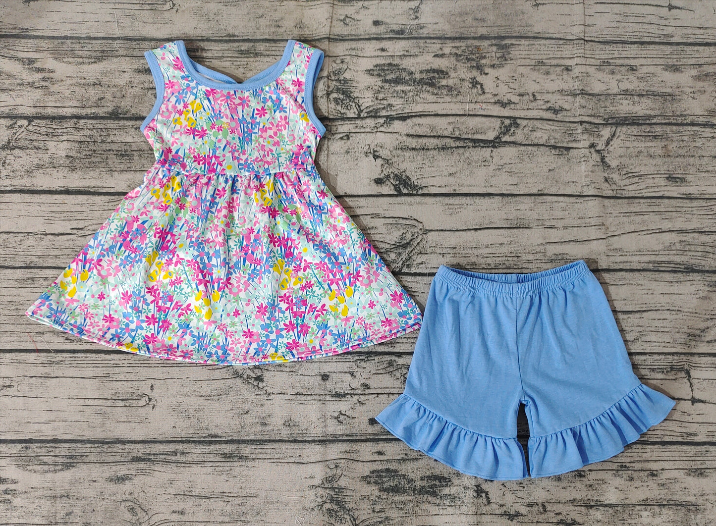 Baby Girls Blue Flowers Bow Tunic Top Ruffle Shorts Clothes Sets