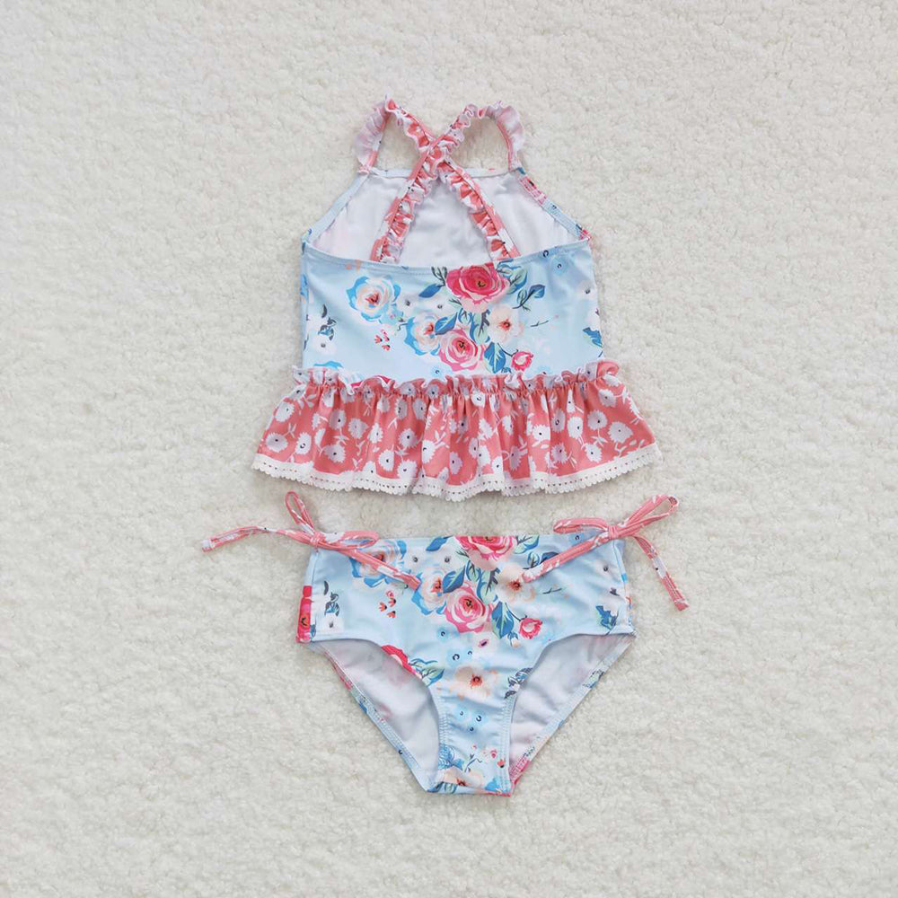 Baby Girls Blue Flowers Top Floral 2 Pieces Swimsuits