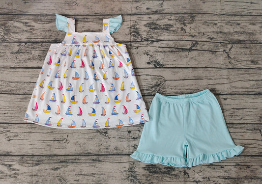 Baby Girls Sailboat Flutter Sleeve Tunic Top Shorts Clothes Sets