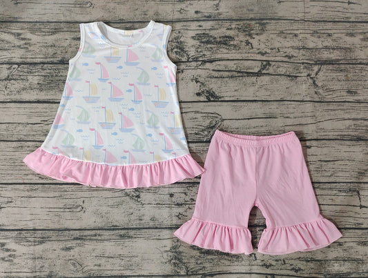 Baby Girls Sail Boats Tunic Shirts Top Summer Shorts Clothes Sets