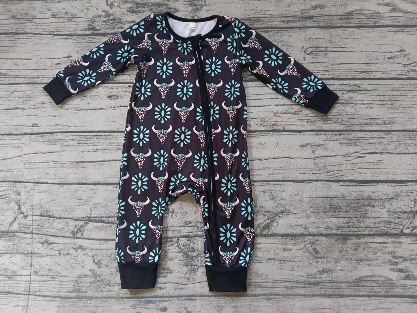 Baby Infant Western Turquoise Cows Zip Rompers preorder(moq 5)