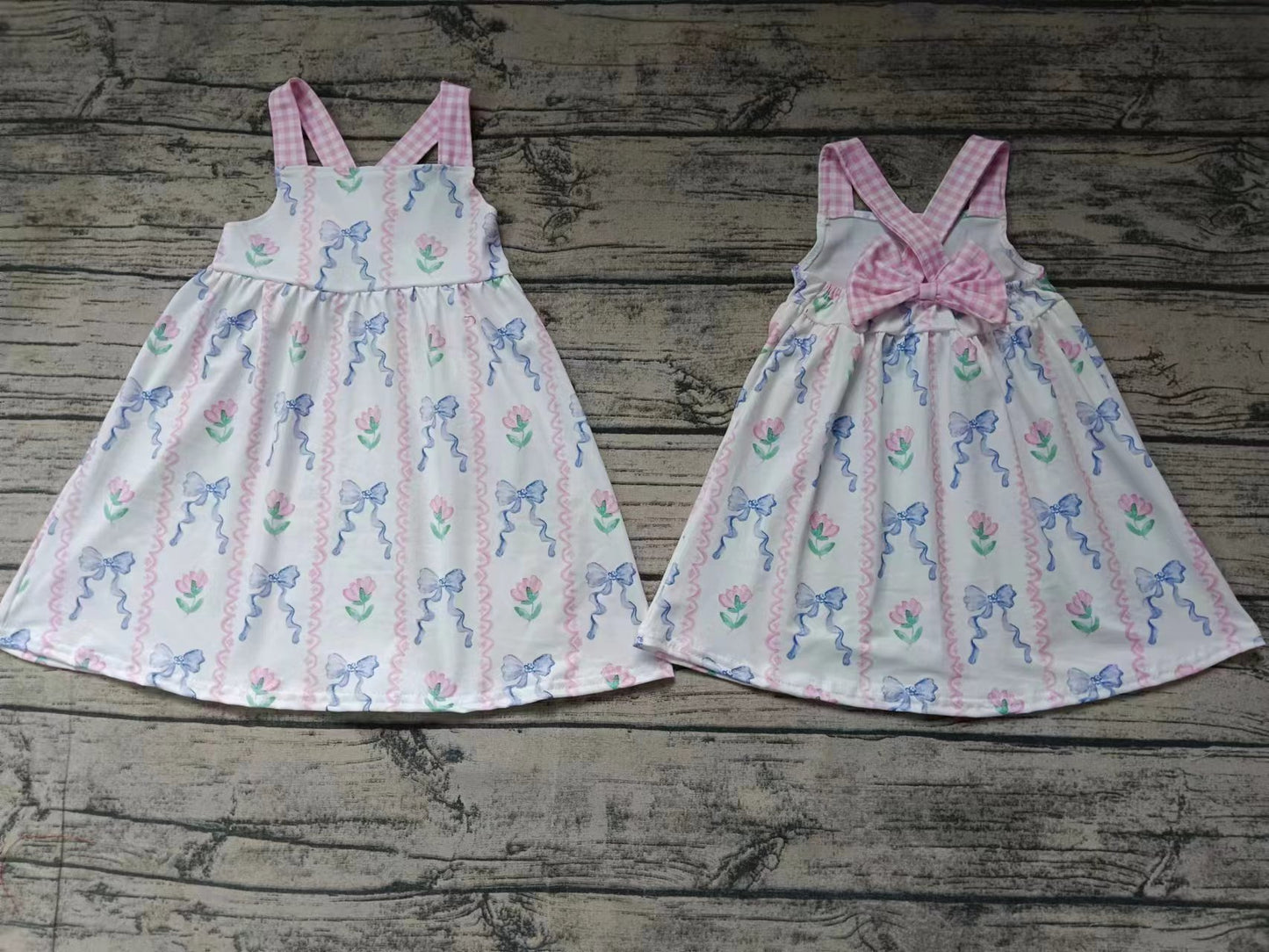 Baby Girls Pink Blue Flowers Bows Straps Knee Length Dresses Preorder(moq 5)