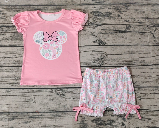 Baby Girls Pink Short Sleeve Floral Mouse Shirt Top Shorts Clothes Sets