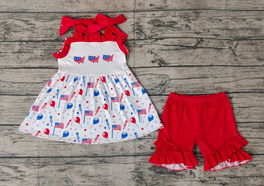 Baby Girls 4th Of July Flags Balloons Tunic Ruffle Shorts Clothes Sets