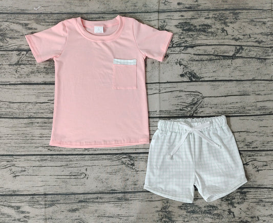Baby Boys Pink Short Sleeve Tee Shirt Top Checkered Shorts Clothes Sets