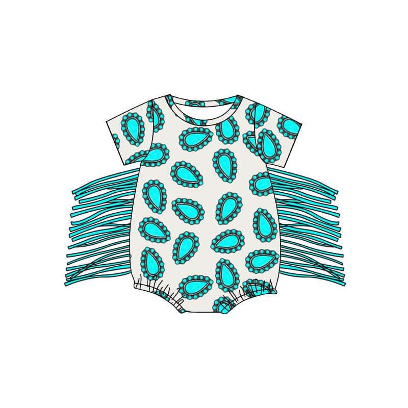 Baby Infant Girls Turquoise Tassel Short Sleeve Rompers Preorder (moq 5)