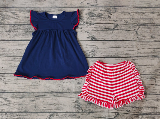 Baby Girls Navy Cotton Tunic Top Ruffle Stripes Shorts Outfits Clothes Sets