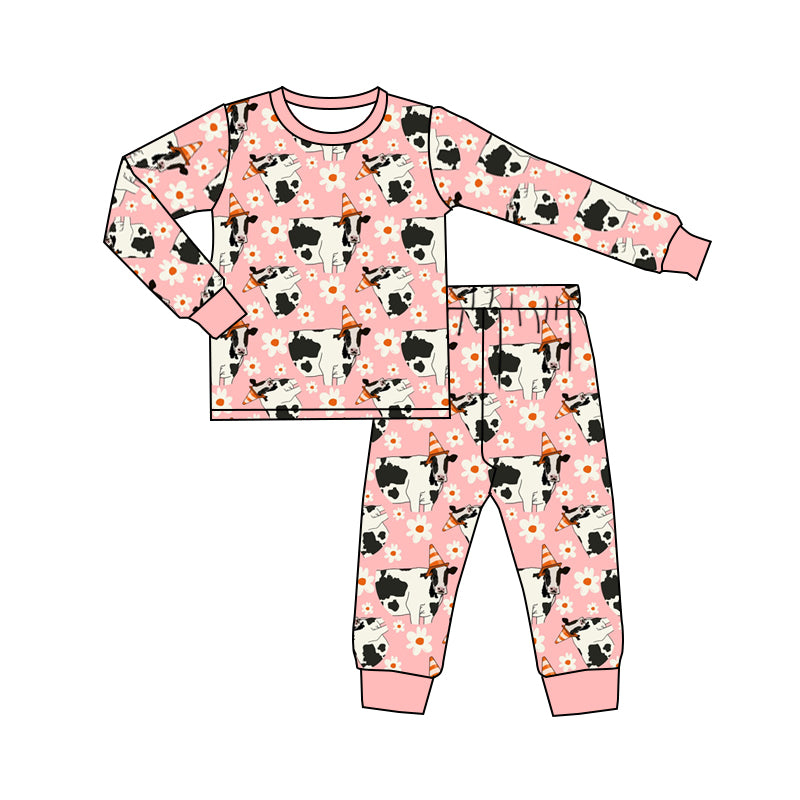 Baby Girls Pink Flowers Cow Pants Pajamas Clothes Sets preorder(moq 5)