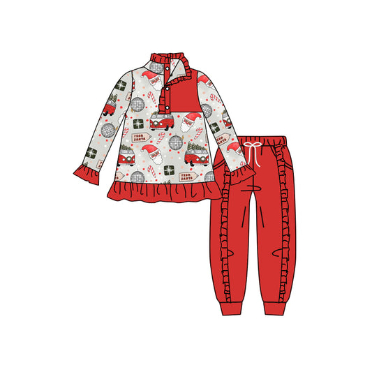 Baby Girls Red Christmas Bus Ruffle Pants Clothes Sets preorder(moq 5)