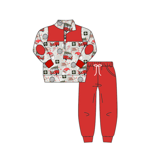 Baby Boys Red Christmas Bus Ruffle Pants Clothes Sets preorder(moq 5)