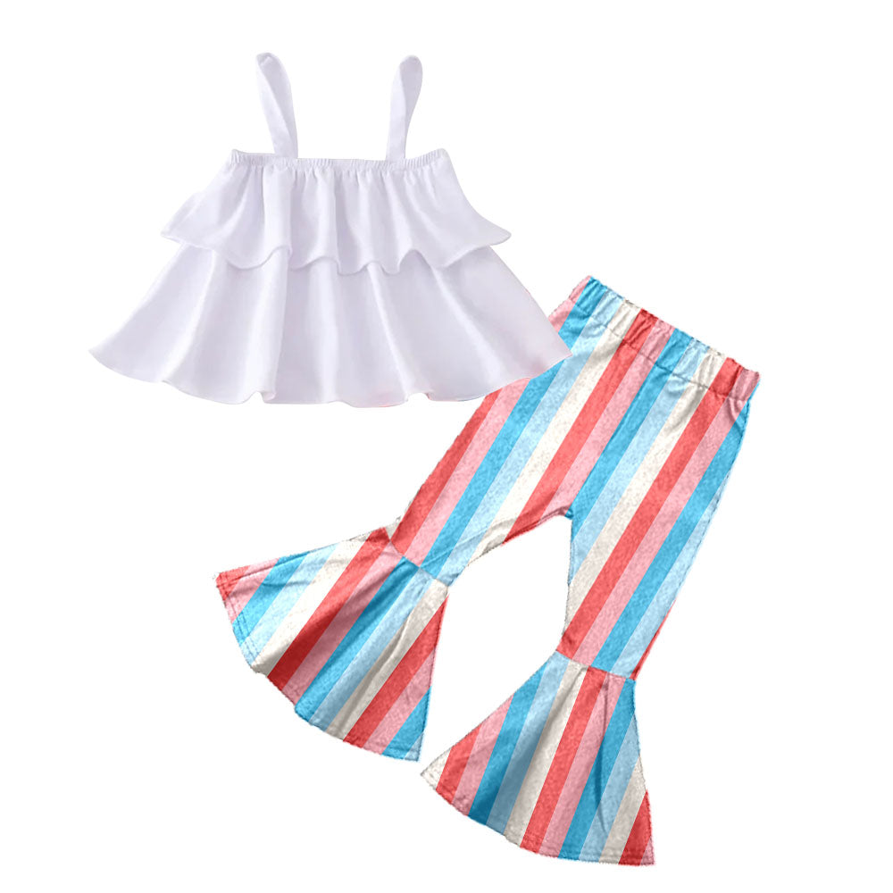 Baby Girls White Straps Top Stripe Bell Pants Clothes Sets preorder(moq 5)