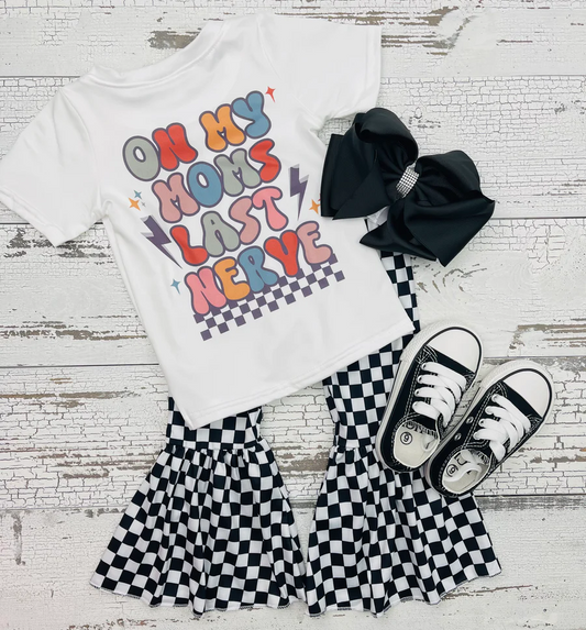 Baby Girls Kids Smile Face Tee Shirt Black Checkered Bell Pants Clothes Sets