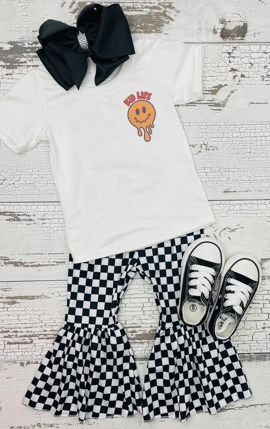 Baby Girls Kids Smile Face Tee Shirt Black Checkered Bell Pants Clothes Sets