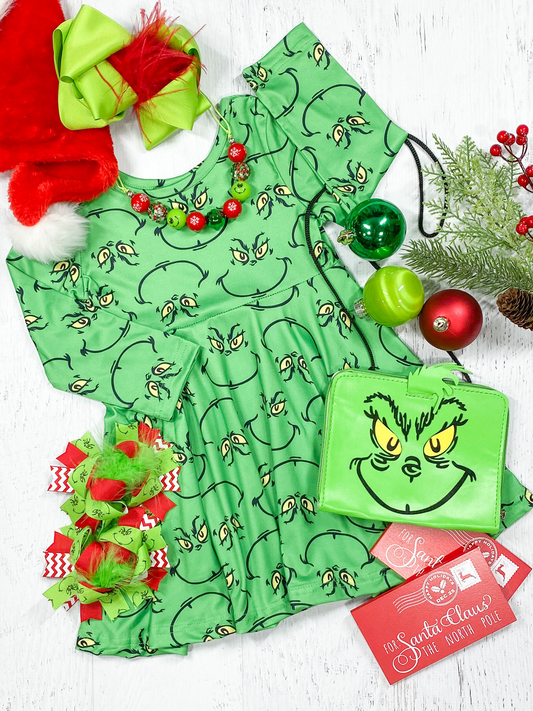 Baby Girls Long Sleeve Green Face Knee Length Dresses Preorder(moq 5)