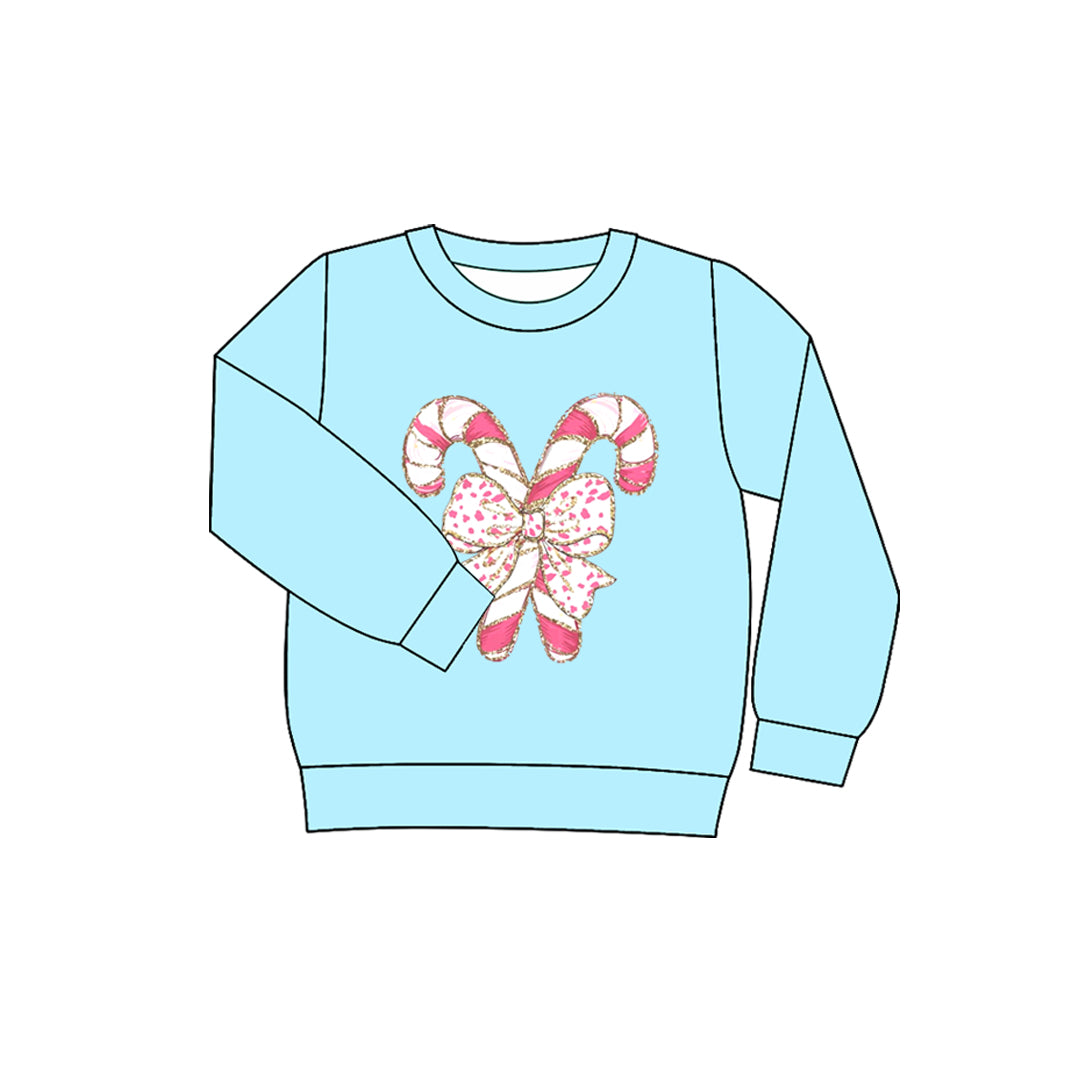 Preorder (moq 5)Baby Girls Long Sleeves Blue Candy Cane Bow Tee Shirts Top