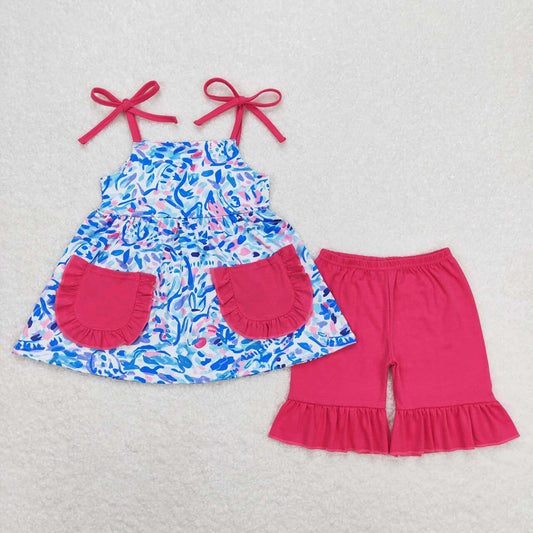Baby Girls Pink Blue Grasses Straps Tunic Ruffle Shorts Clothes Sets