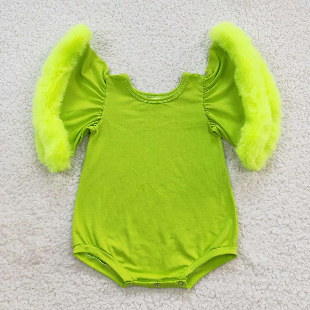 Baby Girls Green Fur Sleeve Rompers