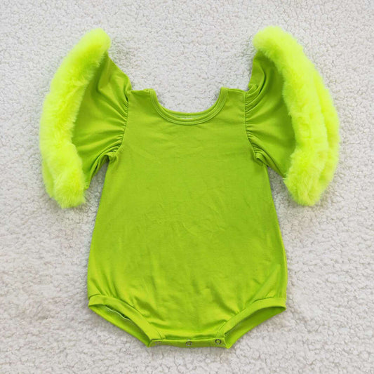 Baby Girls Green Fur Sleeve Rompers