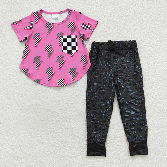 Baby Girls Pink Shirt Pocket Design Pleather Leopard Legging Clothes Sets