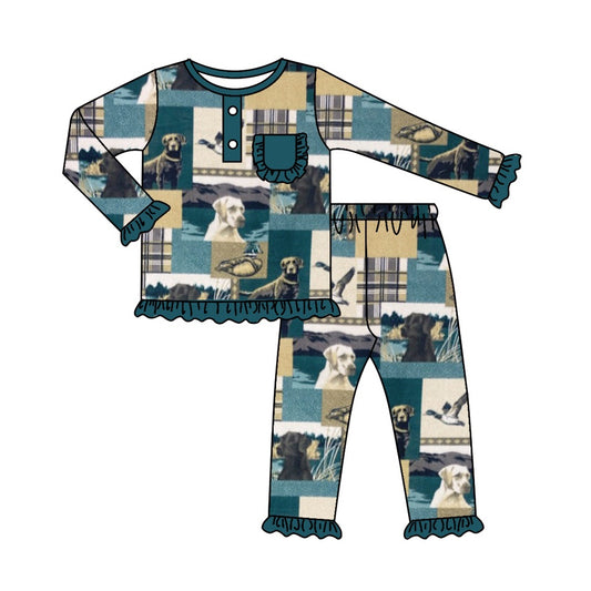 Baby Girls Blue Hunting Dog Duck Top Ruffle Pants Pajamas Sets preorder(moq 5)