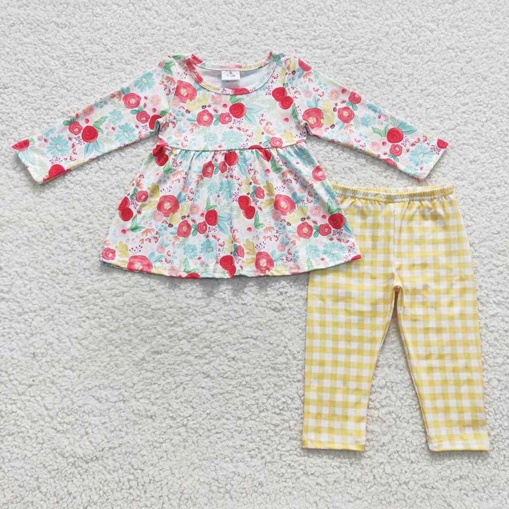 Baby Girls Yellow Floral Tunic Plaid Legging Pants Outfits Clothing Sets