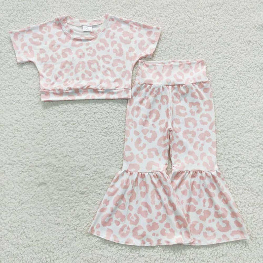 Baby Girls Leopard Pink Top Bell Bottom Pants Clothes Sets