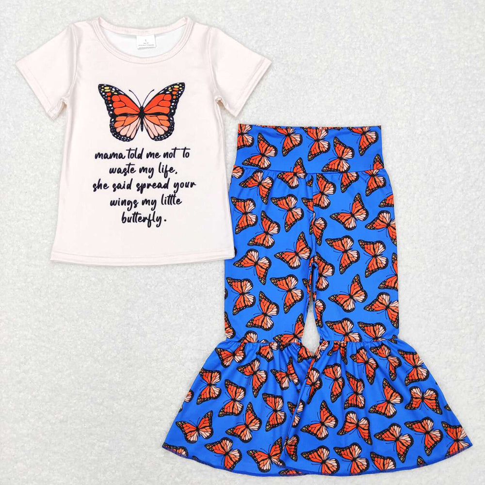 Baby Girls Butterfly Top Bell Bottom Pants Boutique Clothes Sets