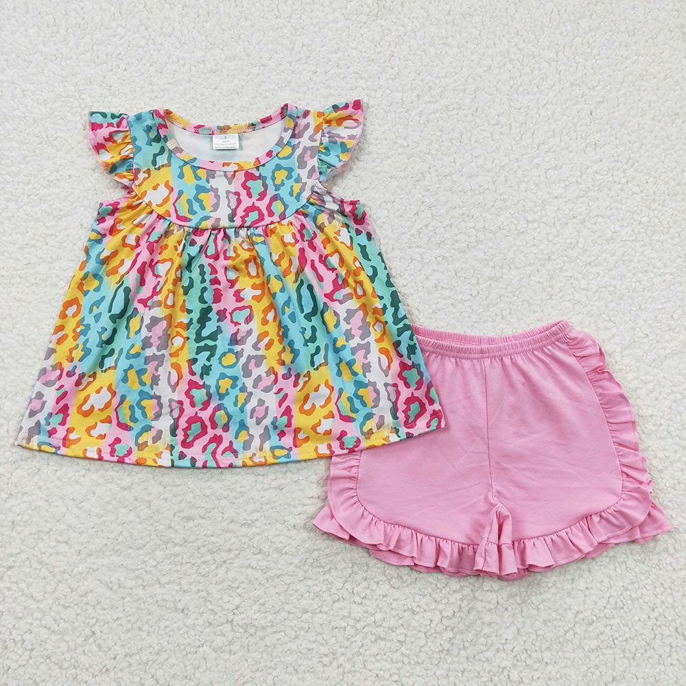 Baby Girls Colorful Leopard Tunic Top Pink Shorts Sets