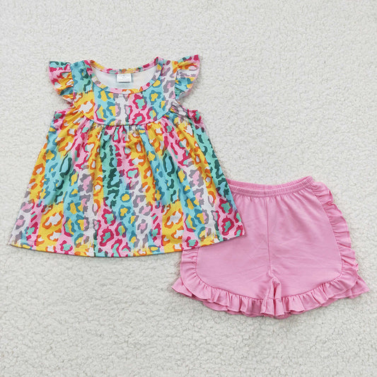 Baby Girls Colorful Leopard Tunic Top Pink Shorts Sets