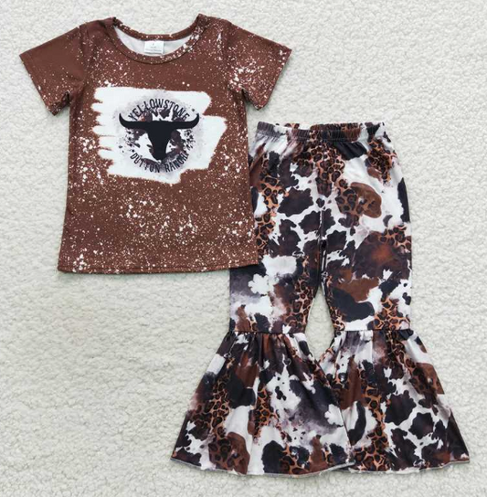 Baby Girls Cow Brown Short Sleeve Shirts Western Bell Pants Clothes Sets