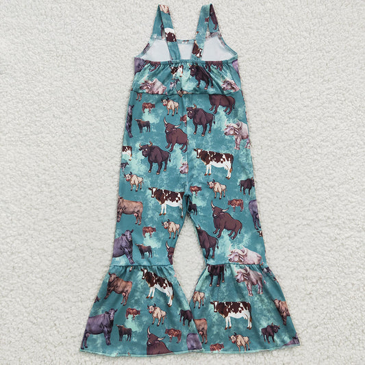 Baby Girls Green Cow Bell Bottom Jumpsuits