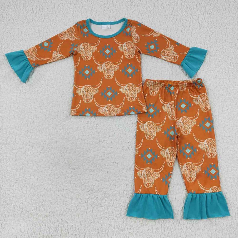 Baby Girls Cow Skull Aztec Western Pajamas Clothes Sets