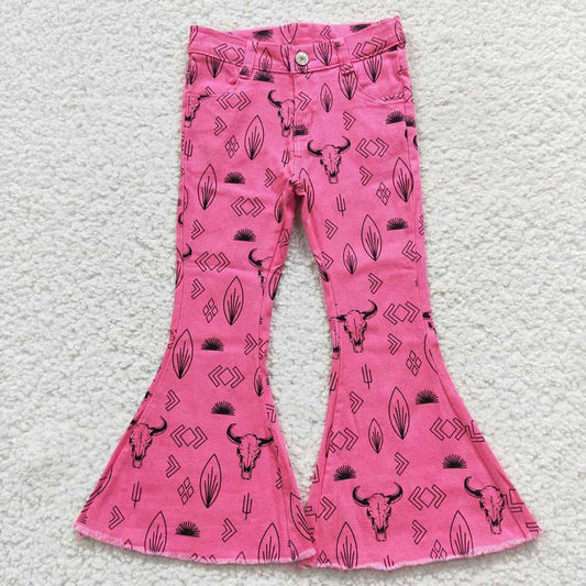 Baby Girls Western Pink Cow Denim Bell Pants