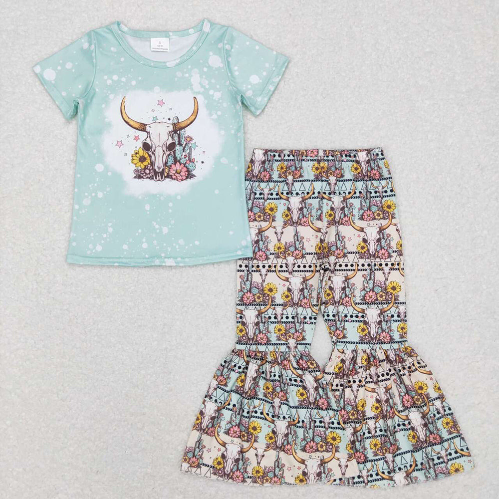 Baby Girls Cow Skull Short Sleeve Tops Western Sunflower Bell Pants Clothes Sets