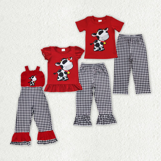 Baby Girls Boys Cow Plaid Embroidery Sibling Clothes Sets